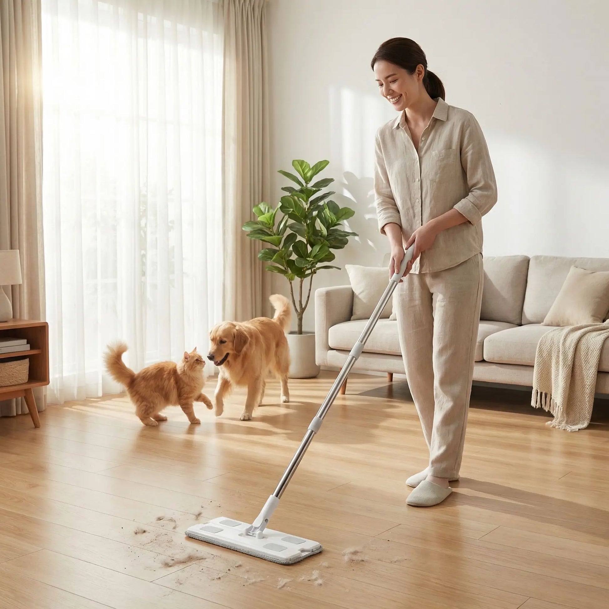 balai plat avec fixation de lingettes anti poussière et anti poils animaux