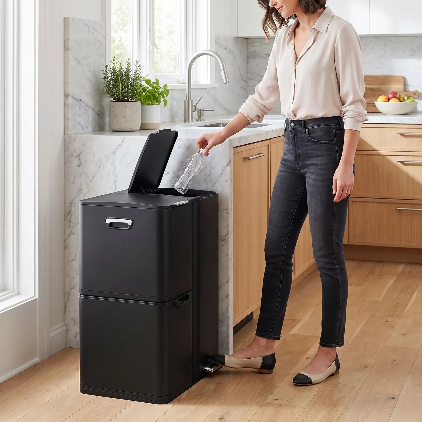 Poubelle cuisine tri sélectif 3 bacs inox noir fermeture douce