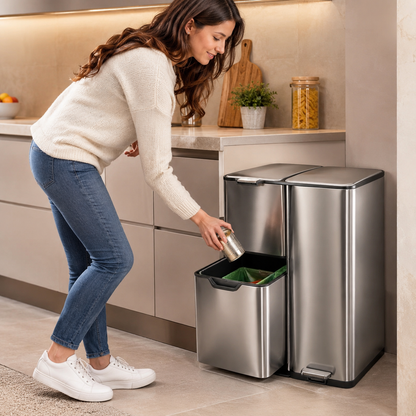 Poubelle cuisine 3 compartiments inox argent 60L design élégant