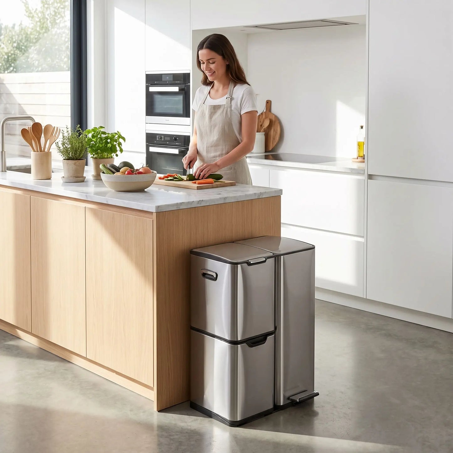 cuisine poubelle moderne trois compartiment pour tri 