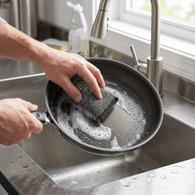 eponge pour vaisselle noir en acier inoxydablel qui protège vos casseroles et poeles