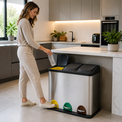 Poubelle de tri 3 compartiments inox ouverture à pédale