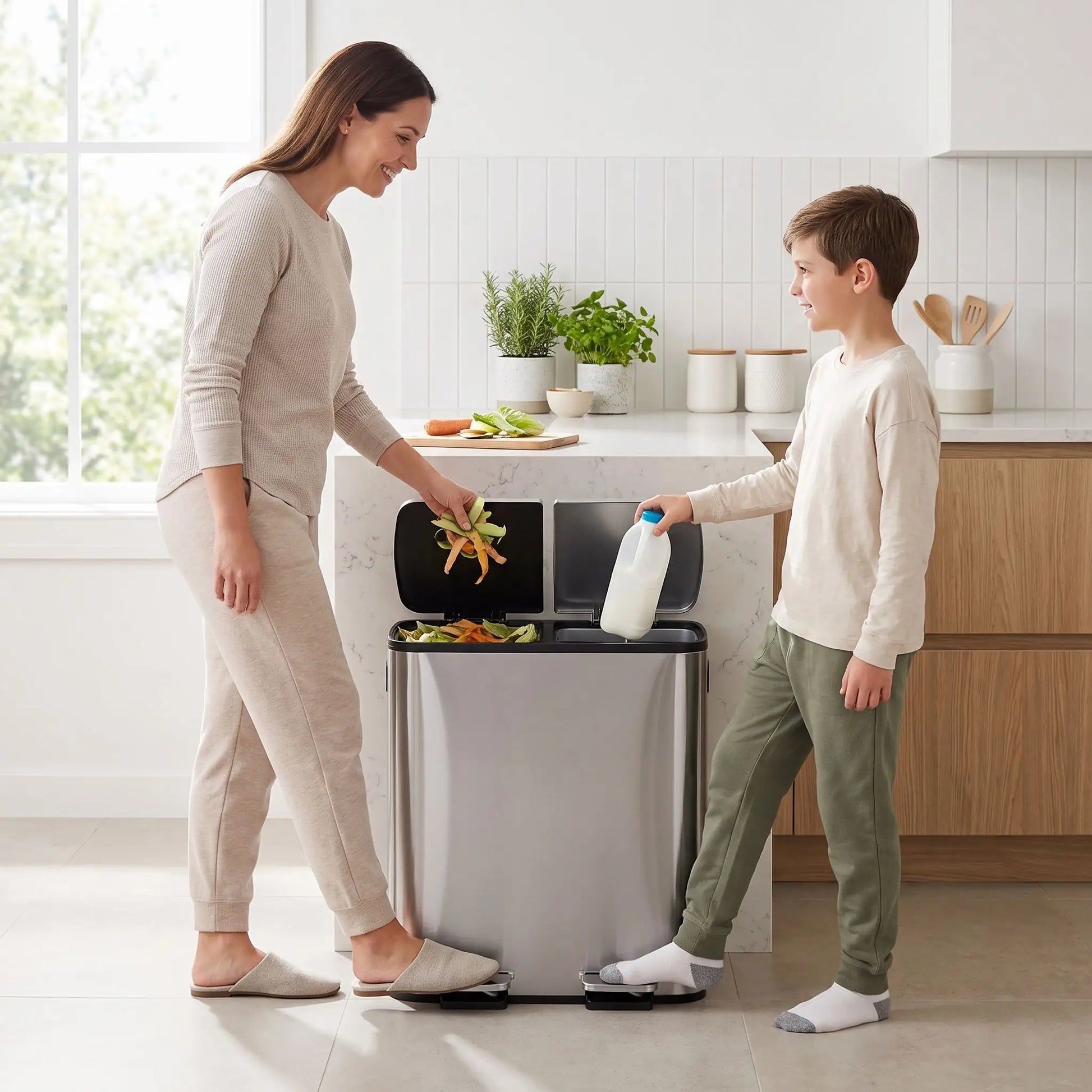 Poubelle de tri cuisine inox 2 compartiments ouverture à pédale