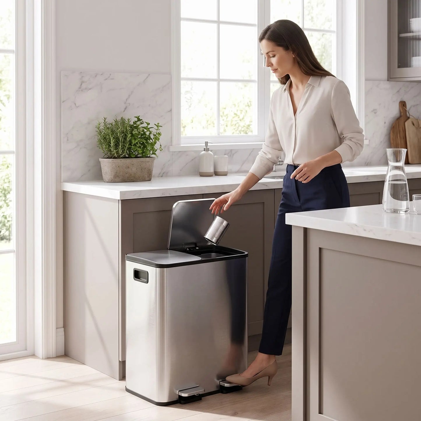 Poubelle de tri cuisine 30L pédale fermeture silencieuse inox