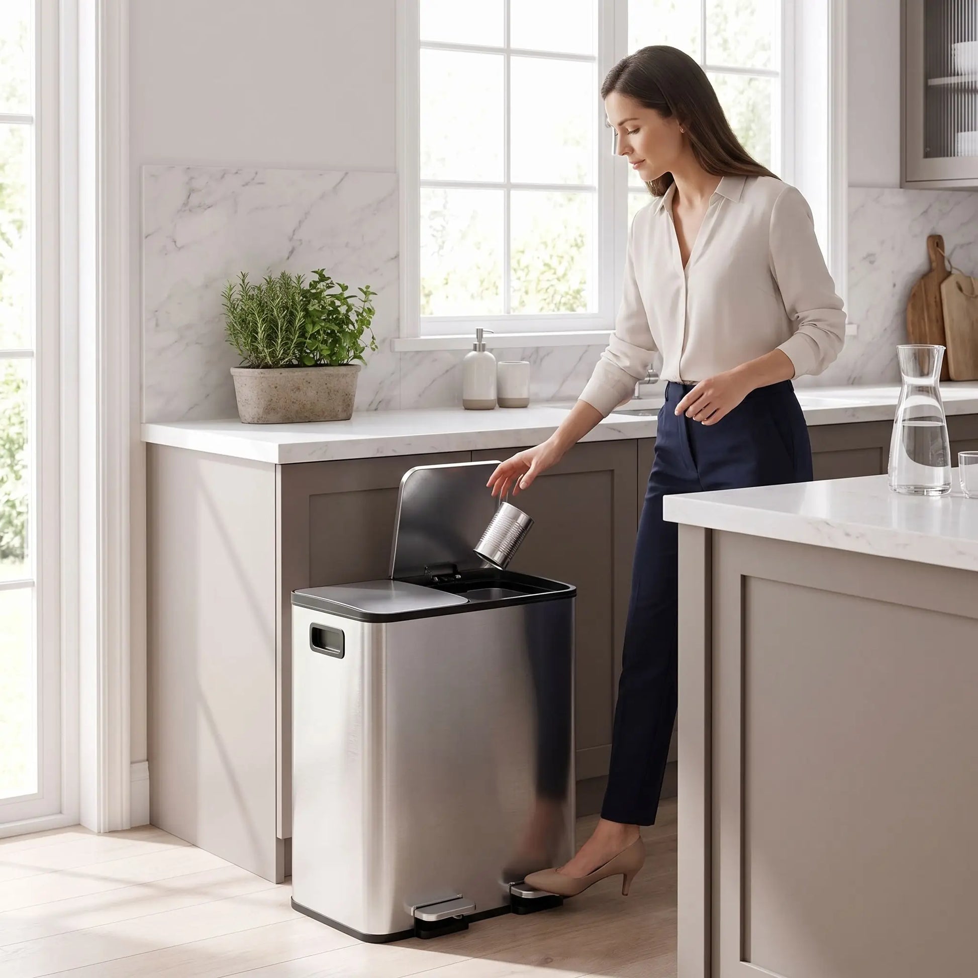 Poubelle de tri cuisine 30L pédale fermeture silencieuse inox