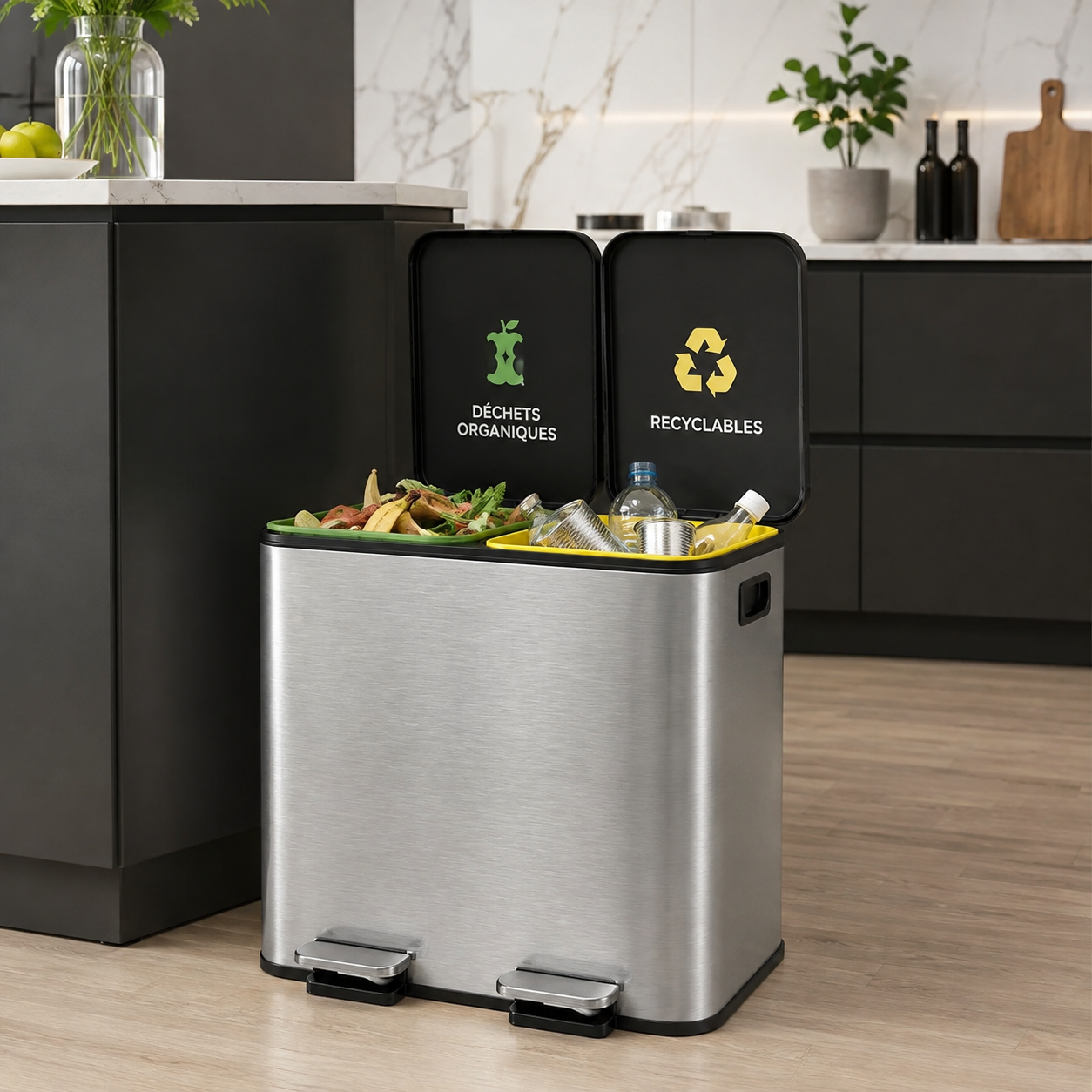 Poubelle de tri cuisine double compartiment recyclage et ordures