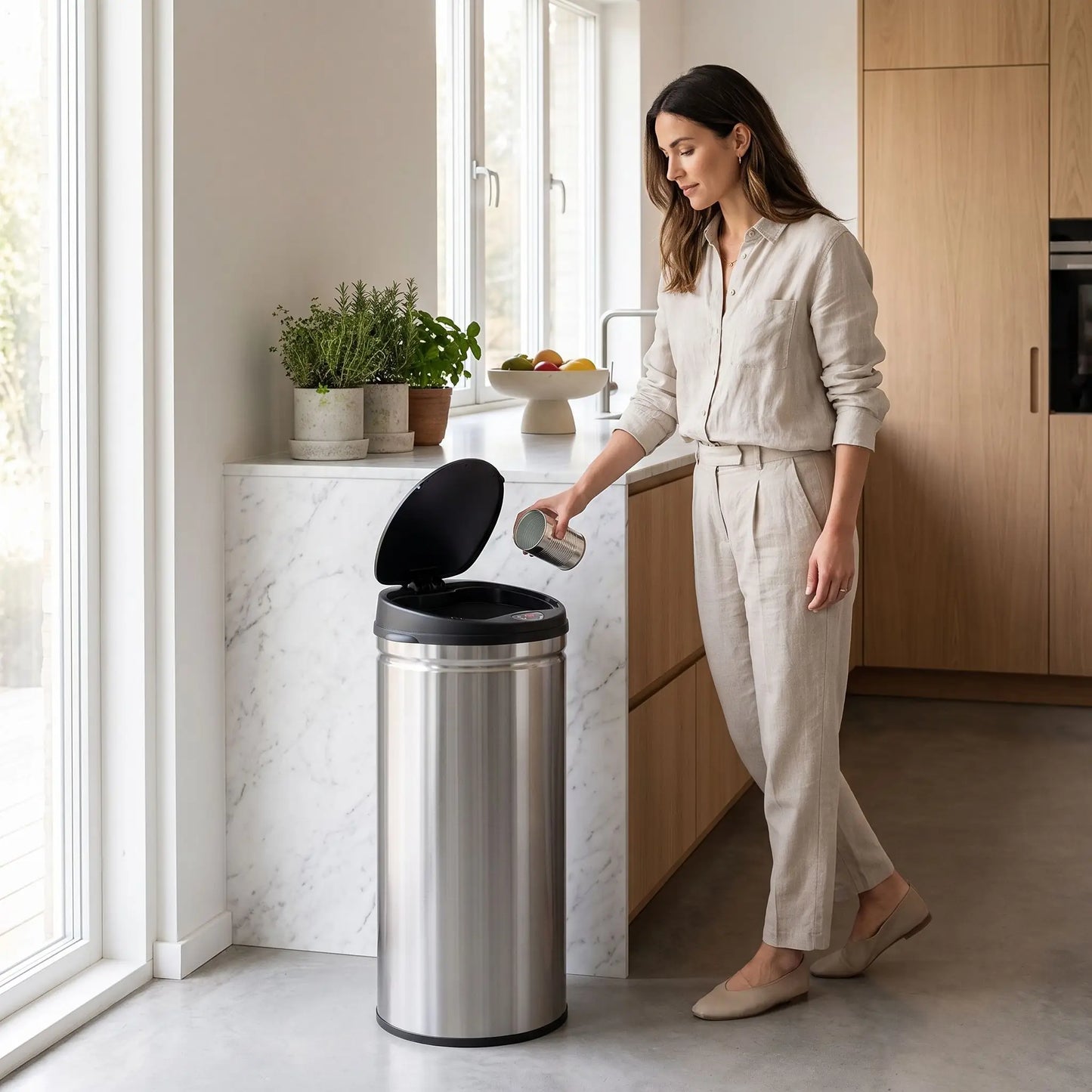 Poubelle cuisine inox 50 litres ouverture automatique capteur sans contact