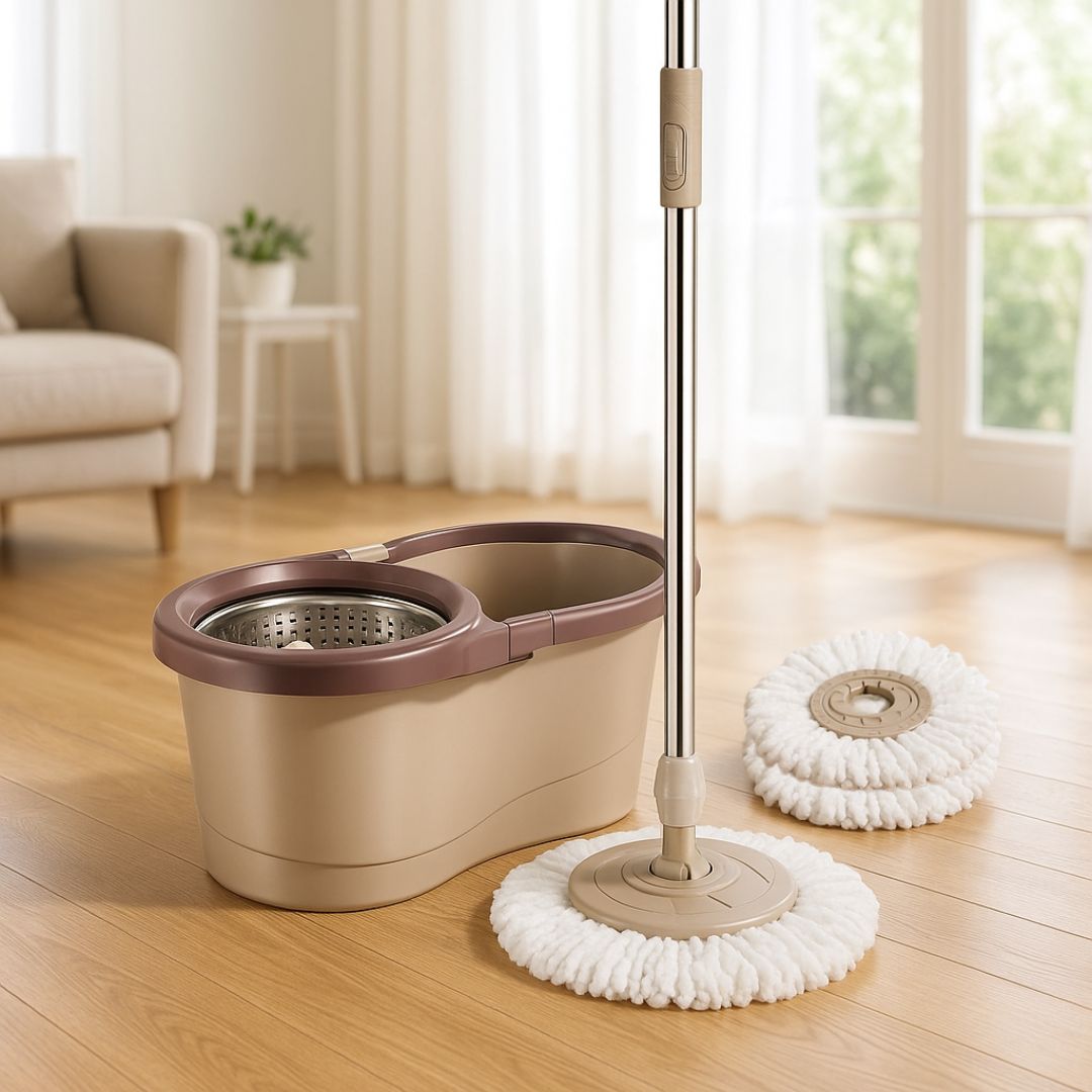 seau et serpillère microfibre rotatif marron