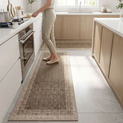 Tapis de cuisine beige long antidérapant pour un confort optimal